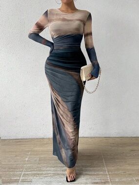LUXURY Watercolor Tie Dye Mesh Maxi Dress Ruched Side Long Sleeve Nude/Blue - XL